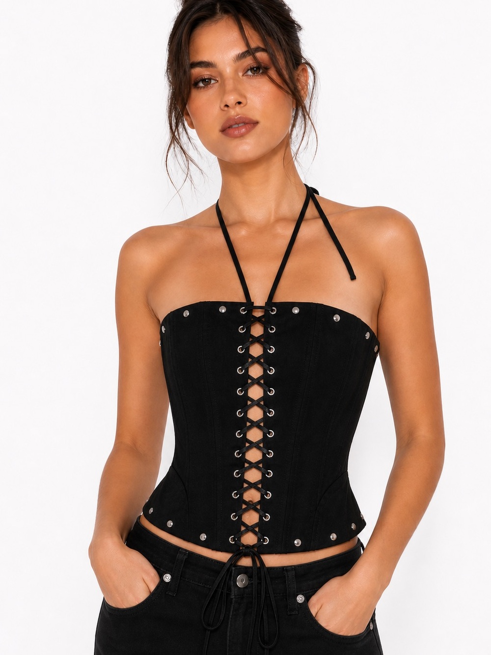 AKIRA Black Lace-Up Corset Top Studded Halter | NWT Size M